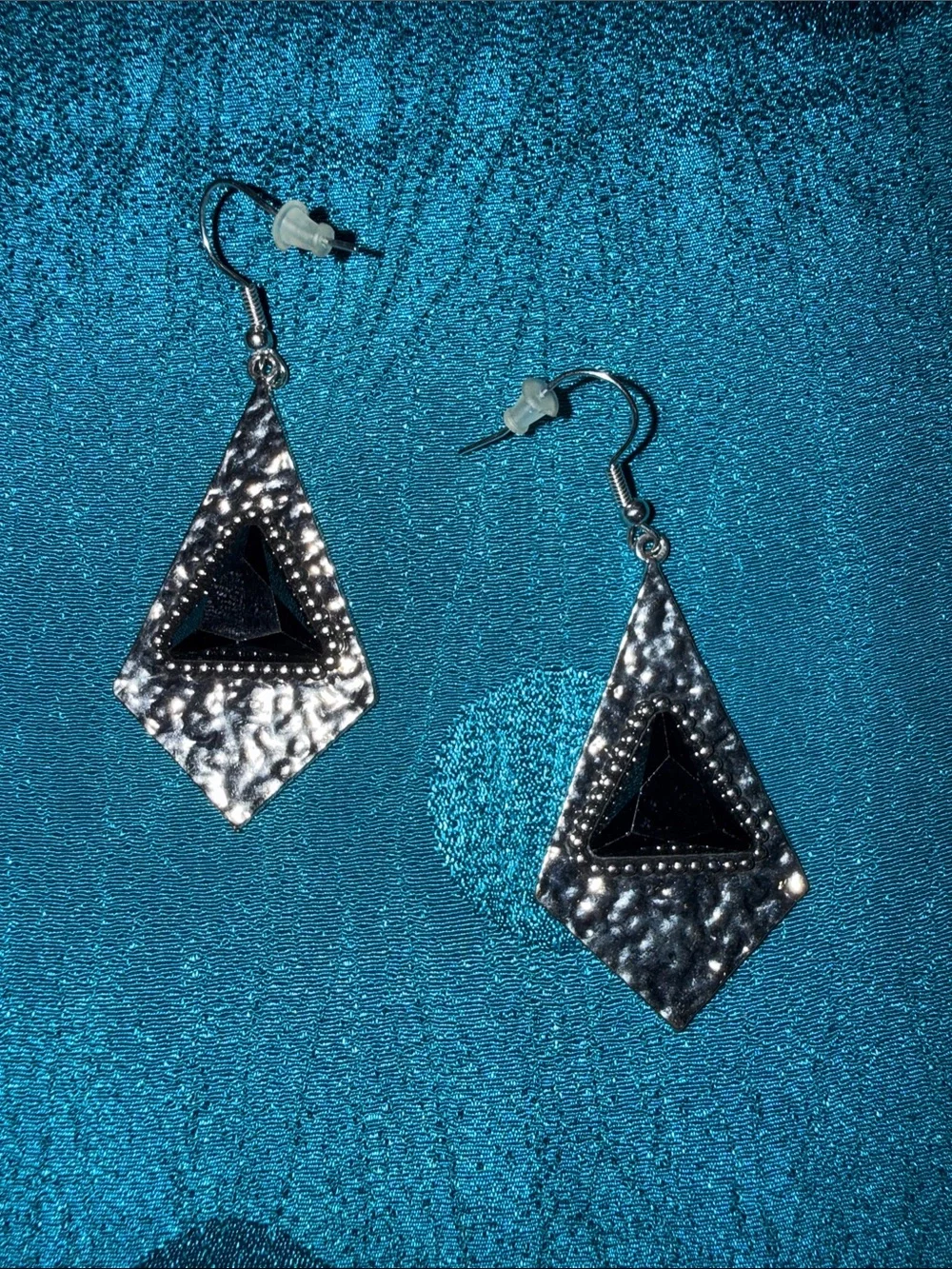 Silver-Tone Hammered Triangle Drop Earrings with Black Inlay